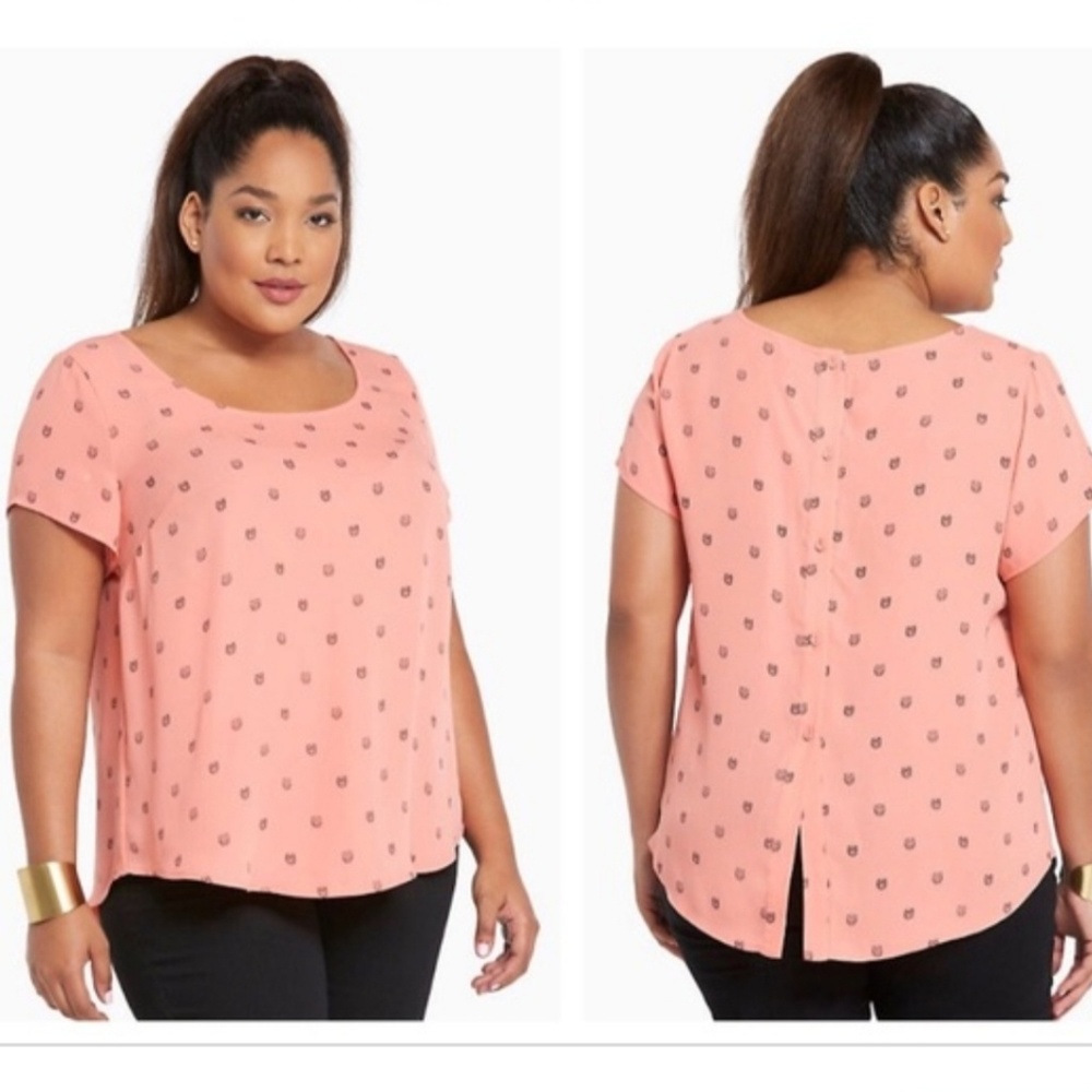 Torrid (1) Georgette button back owl top coral
